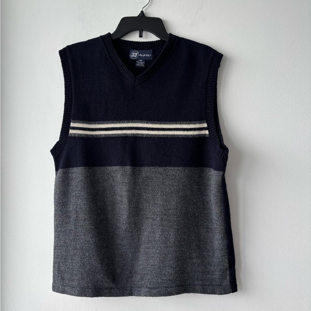 90s VTG 33 Degrees Sweater Vest Gilet Blue Gray Stripe V Neck Mens L Preppy USA